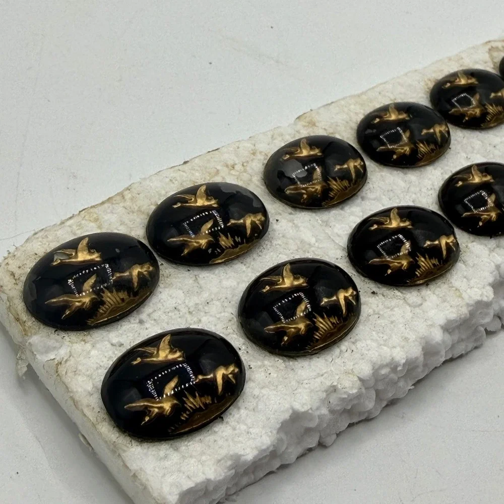 Vintage Glass Cabochons 15pc Black Gold Silver‎ Flying Ducks Birds Oval Lot